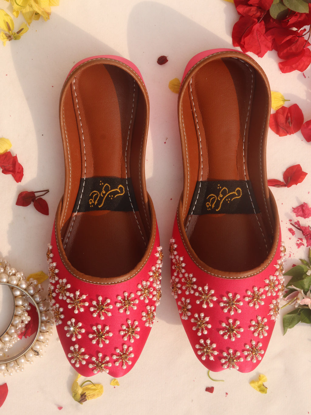 Pink Hand-Embellished Beaded Mojaris