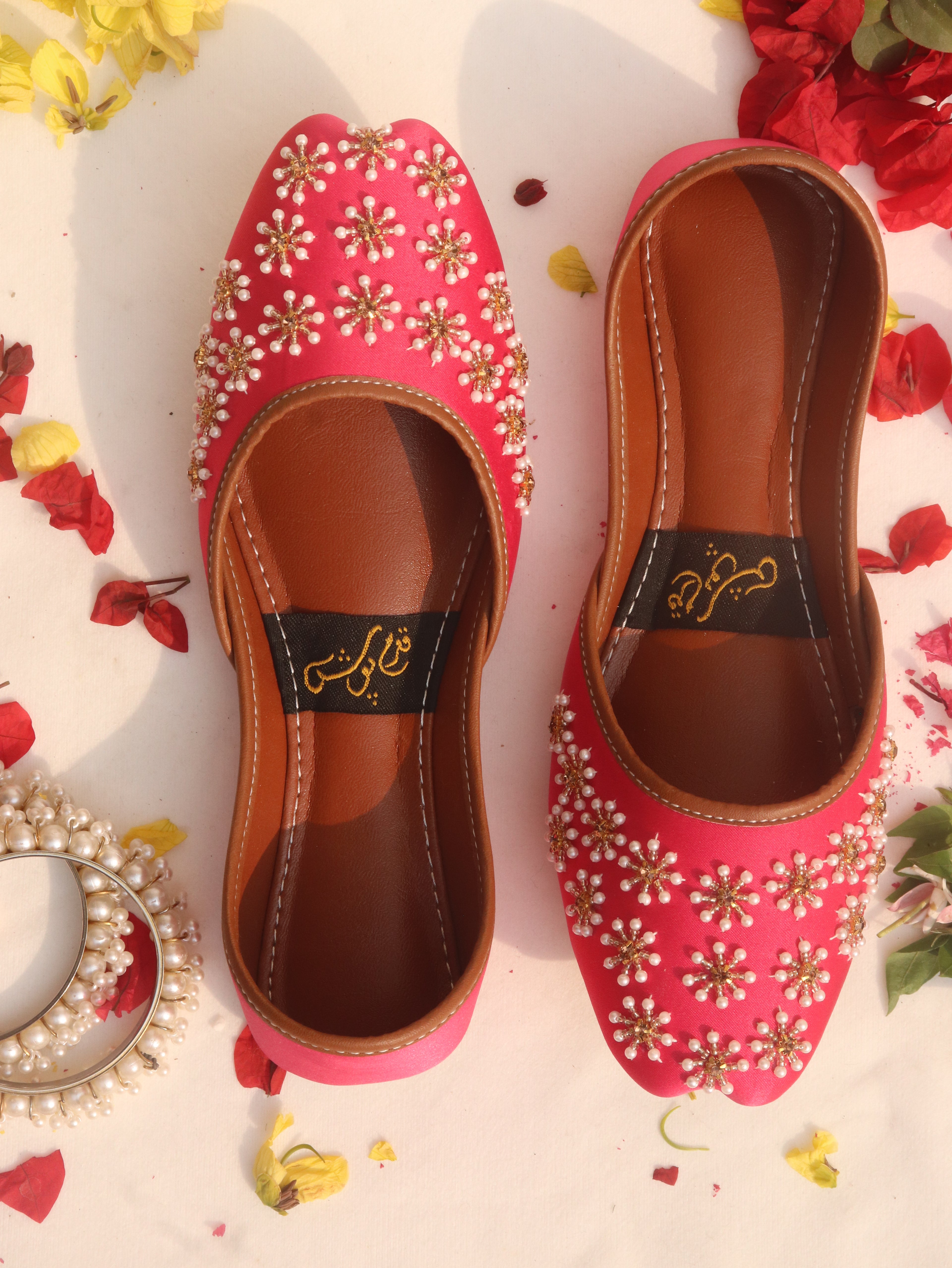 Pink Hand-Embellished Beaded Mojaris