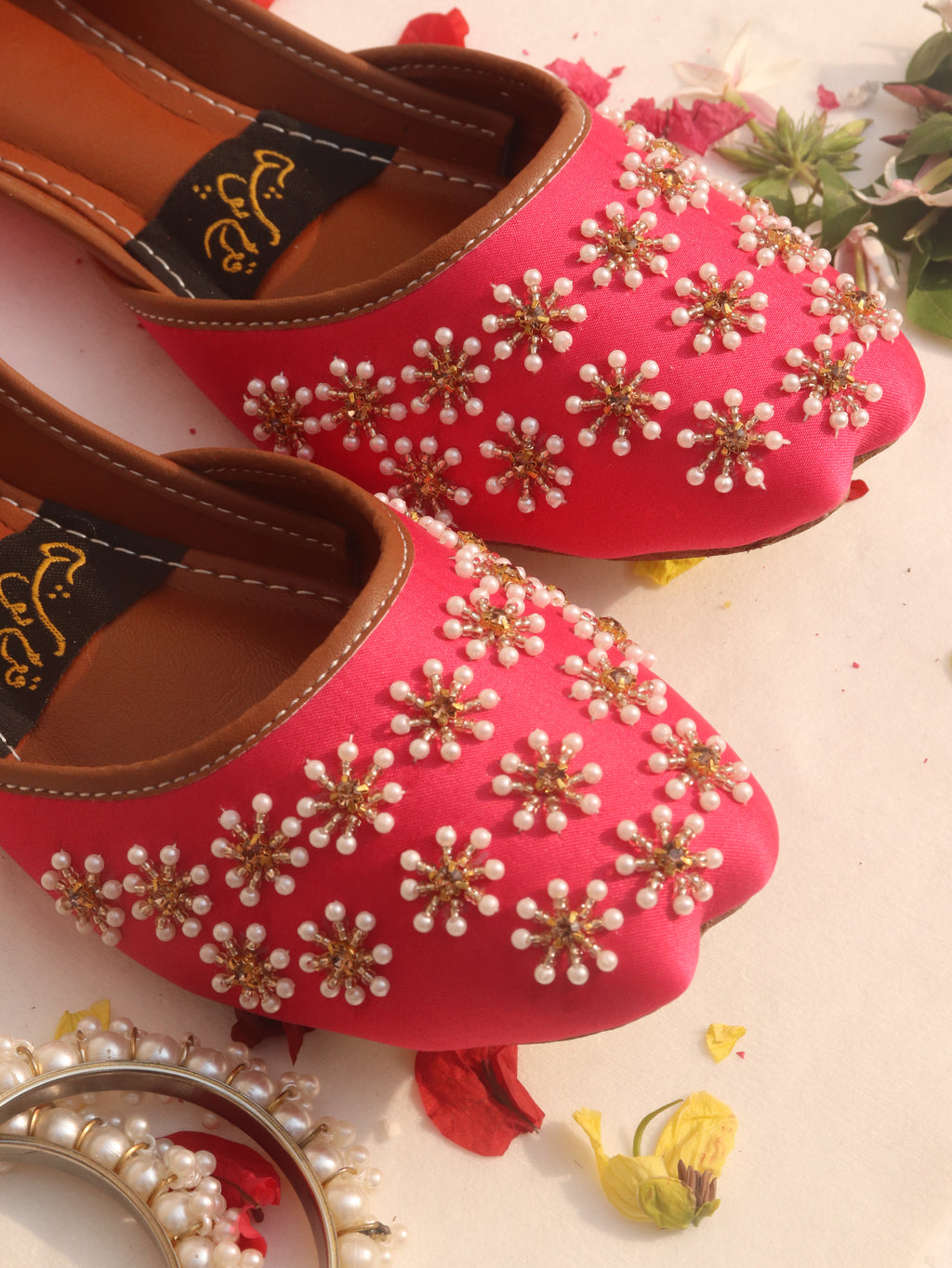 Pink Hand-Embellished Beaded Mojaris